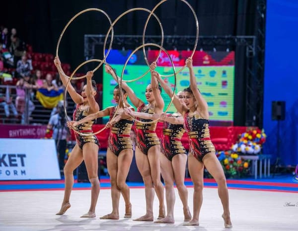 Mexican rhythmic gymnasts take the floor in the mixed exercise finals at the Sofia World Cup.