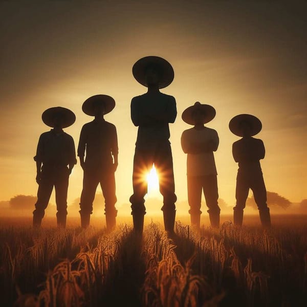 Silhouette of a group of Mexican farmworkers standing in a field at sunrise.