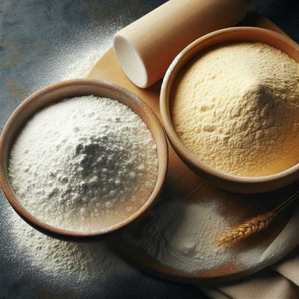 Two bowls filled with flour. The left bowl contains white store-bought flour, the right bowl showcases freshly milled flour.