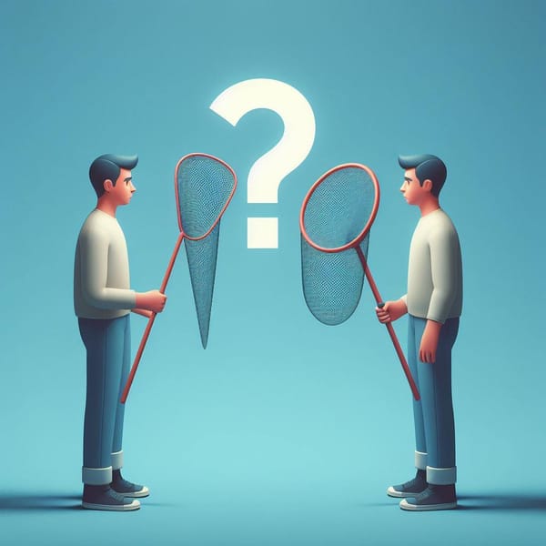 Two people facing each other, one holding a net and the other a question mark.