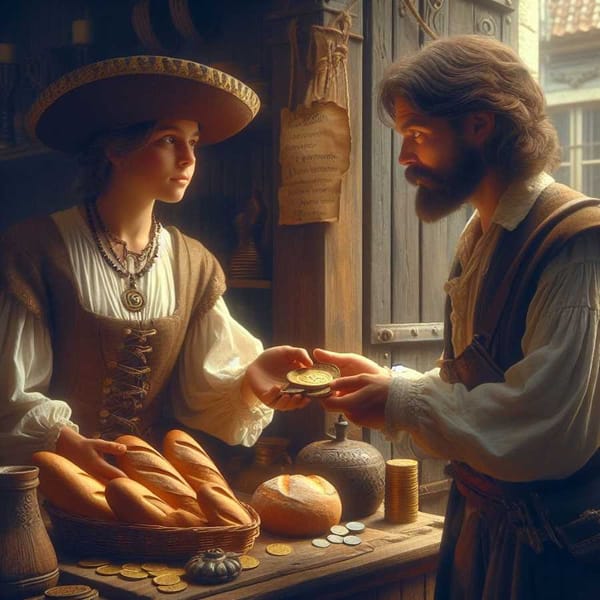 A baker offers bread and tlacos to a shopkeeper who looks hesitant to accept them.