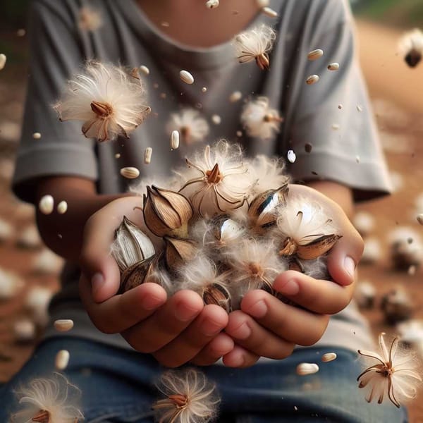 A photo of a child holding a handful of fluffy white ceiba seed pods, some with seeds drifting away like tiny insects.