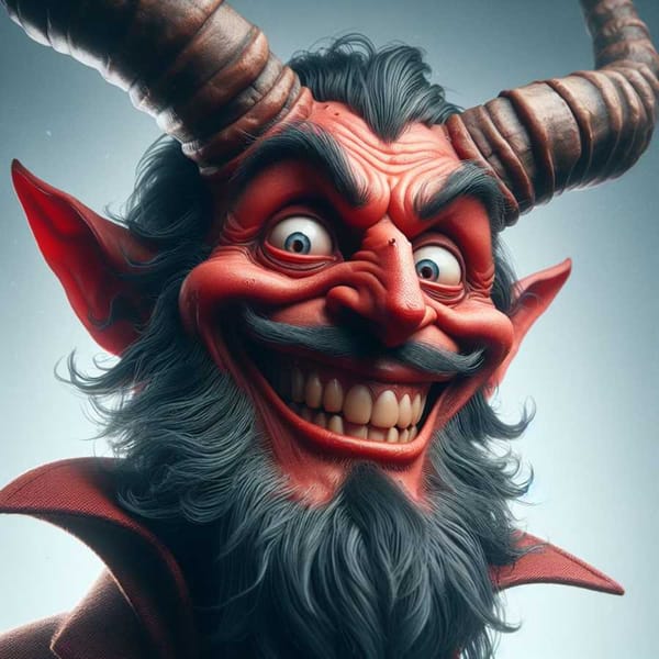 A close-up of a pastorela devil character with red makeup, horns, and a mischievous expression.