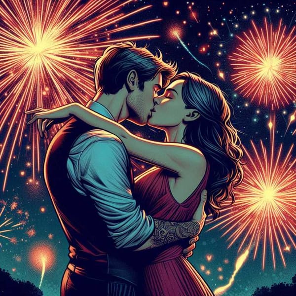 Close-up photo of a couple kissing passionately, with fireworks exploding in the background (illustrative).