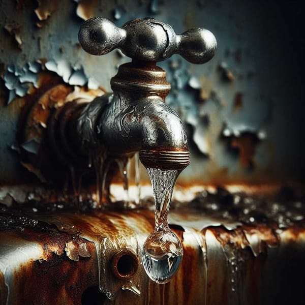  Close-up photo of a dripping faucet with peeling chrome, representing water waste and urgency for change.