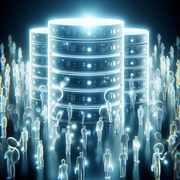 Image of a glowing database server with transparent figures of people searching in front of it.