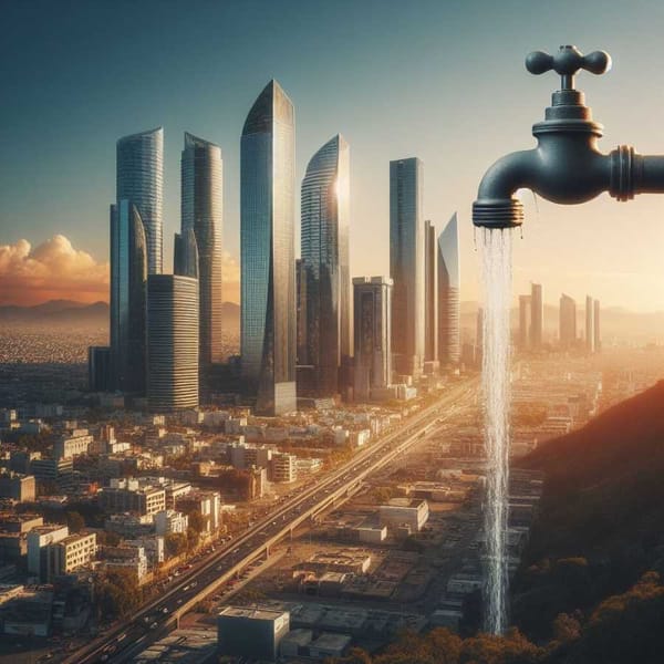 Photo of a modern cityscape in Mexico City with skyscrapers and a leaky faucet in the foreground.