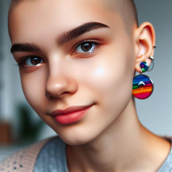 A close-up portrait of a young, non-binary person with a shaved head and a colorful earring.