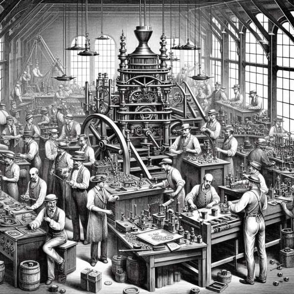 A historic illustration of the labor-intensive process of coin production at the original US Mint.