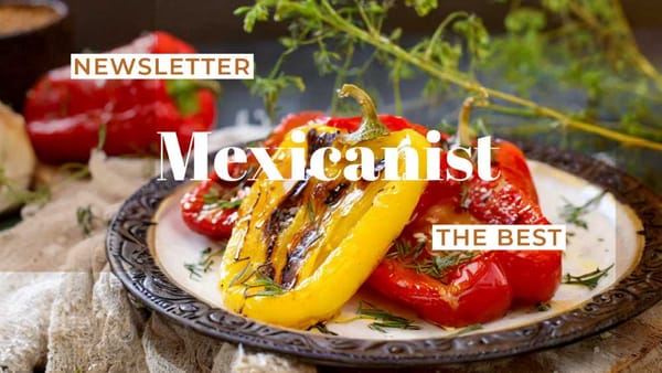 Plate with roasted red and yellow peppers. Mexicanist newsletter.