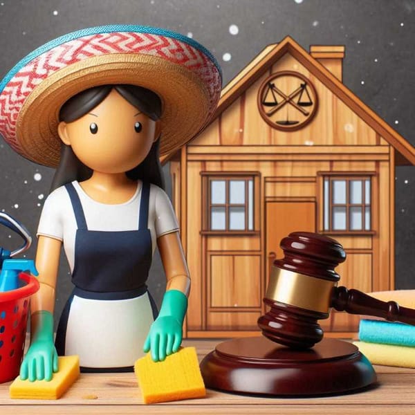 A person cleaning a house with a gavel symbol appears in the background.