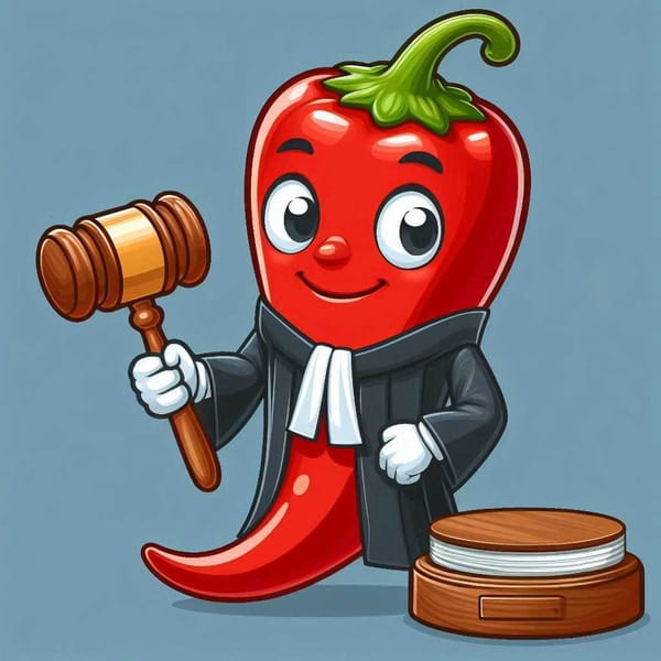 A cartoon red chili pepper wearing a judge's robe and holding a gavel.