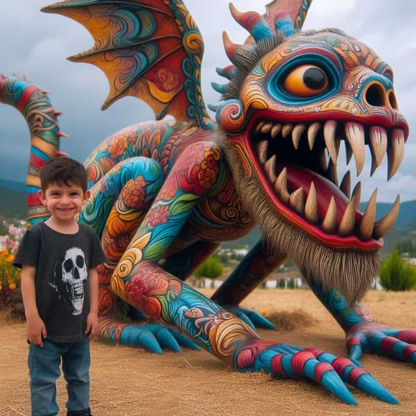 A child smiles next to a fantastical painted sculpture of a mythical creature in Oaxaca, Mexico.