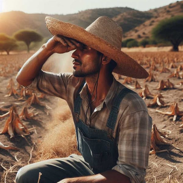 Photo of a farmer working in a hot, dry field with a weathered face and sun-protective clothing.