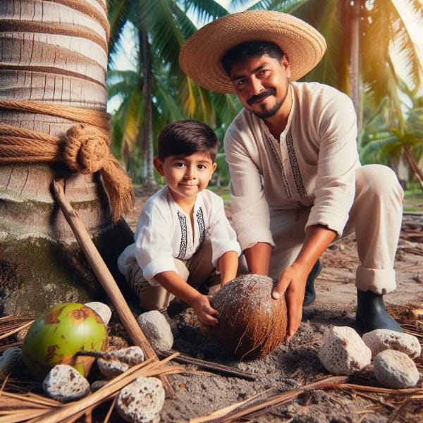  A father and son kneel beside a palm tree. The son holds a rock near a young coconut.