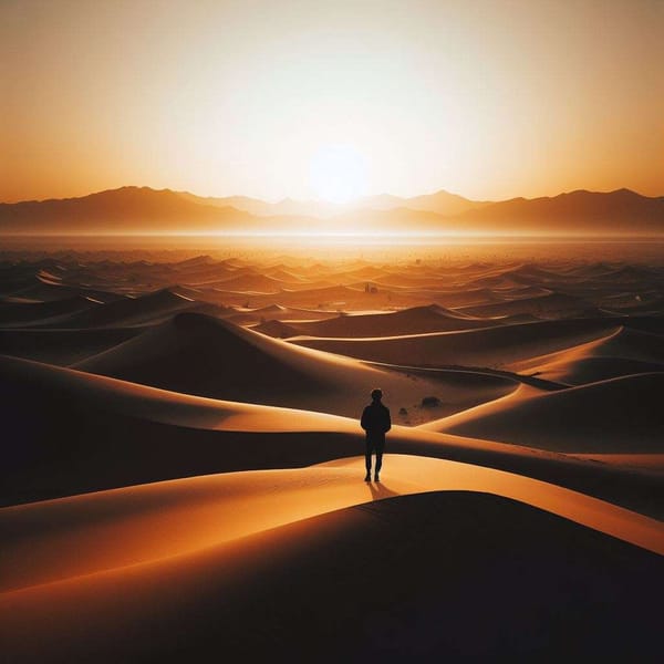 A vast desert landscape with sand dunes stretching towards a distant horizon.