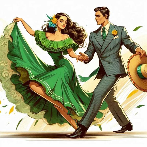 Illustration of a woman in a green dress and a man in a suit dancing.