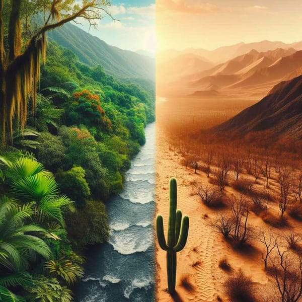 Split image showing a lush jungle with a river on one side and a dry desert landscape with a single cactus on the other.