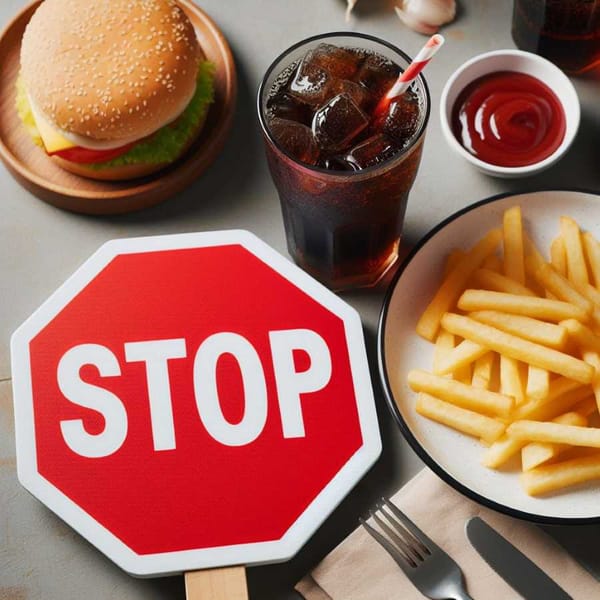 Stop sign placed in front of a plate with french fries and a soda.