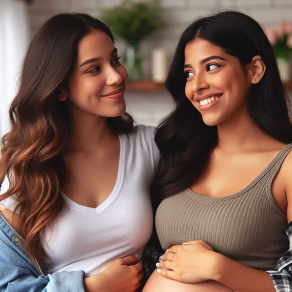 Smiling Latina women, one with a baby bump, hold hands representing same-sex couples who want children.