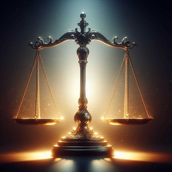Image of a balanced scale of justice with light shining on one side.