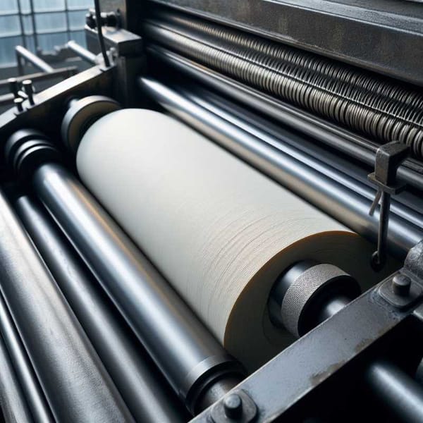 Close-up photo of a sheet of paper being pressed between two smooth rollers in a papermaking machine.