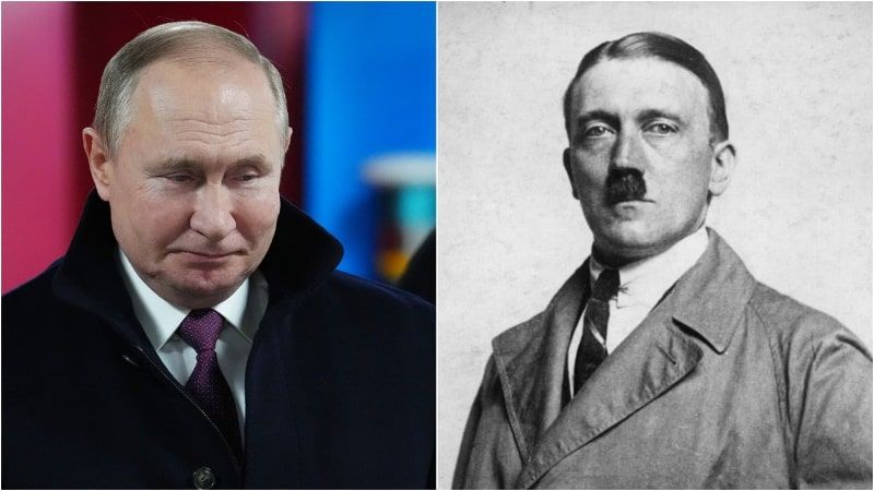 Vladimir Putin is compared to Hitler in viral cartoons on social media.