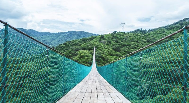 Dare to cross the hanging bridge of the Ecological Park "Mundo Aventura" in Mazamitla, Jalisco.