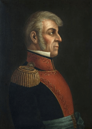 Oil painting of Ignacio López Rayón, independence leader, half-length, profile to the right, wearing military uniform.