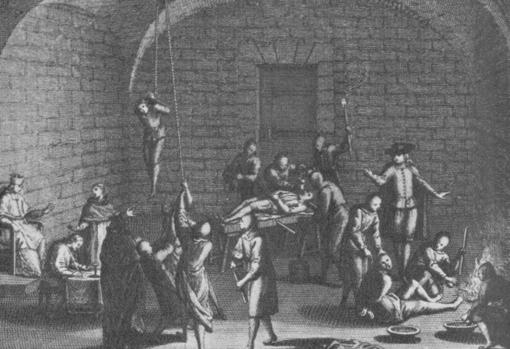 Fictitious image of an inquisitorial torture chamber. Engraving of the XVIII century by Bernard Picart.