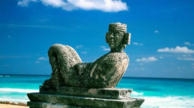 The sculpture of Chac Mool at Chac Mool Beach, Cancun, Quintana Roo.