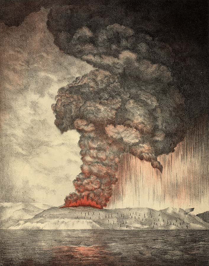 Drawing of the eruption of the Krakatoa volcano in 1883.
