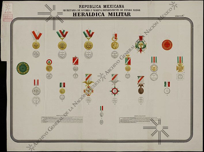 Lithograph with 19 medals awarded by the Secretary of War and Navy, 1899.