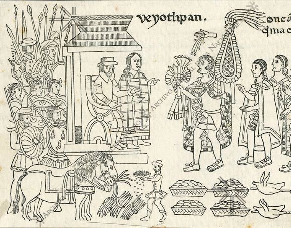Engraving. Fragment of a tribute registration of the town of Hueyotlipan.