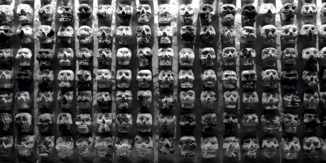 Skulls on the wall in the Templo Mayor Museum in Mexico City.