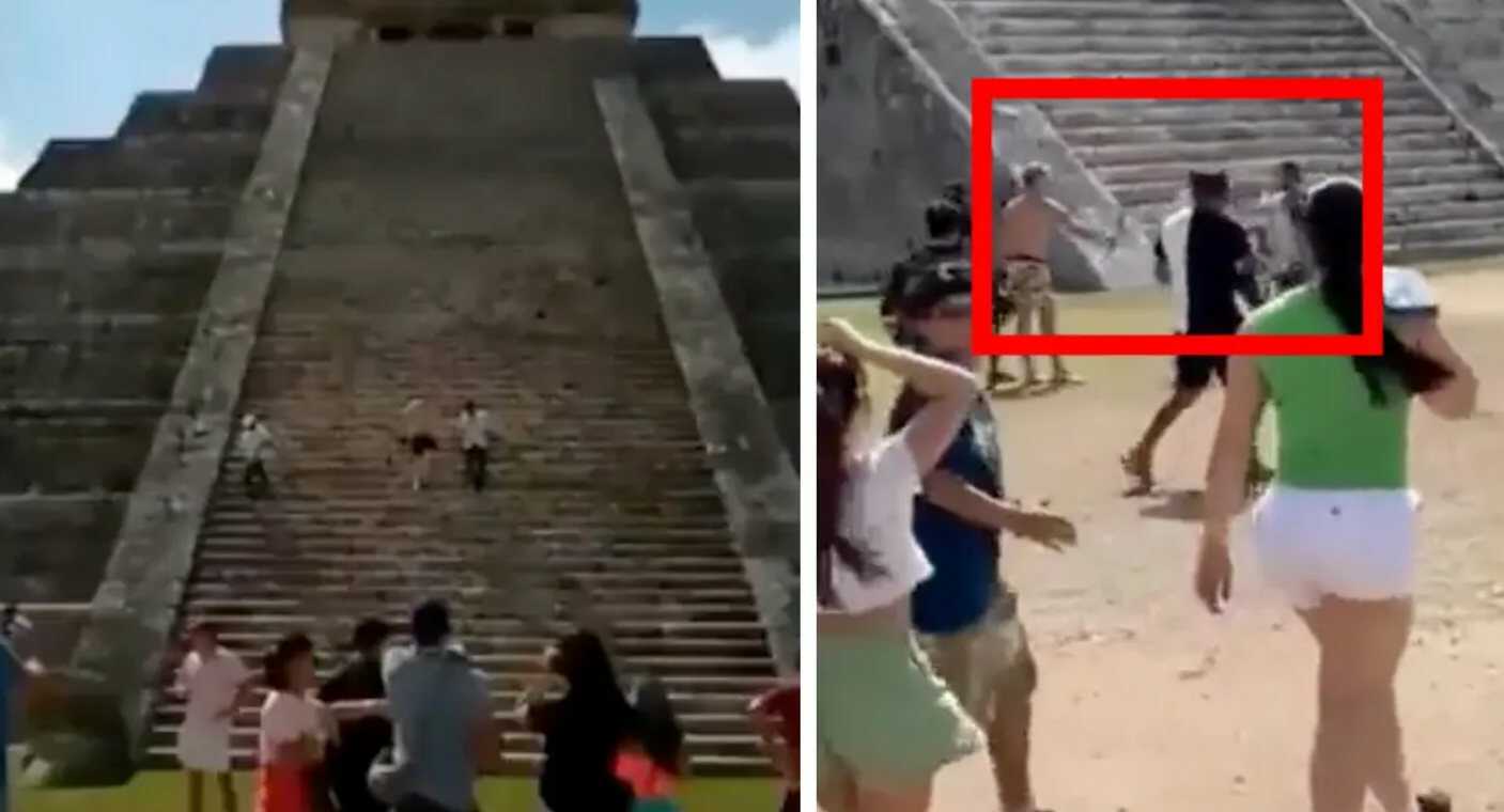 A Polish tourist is caught climbing the Chichen Itza temple and is beaten with a stick.
