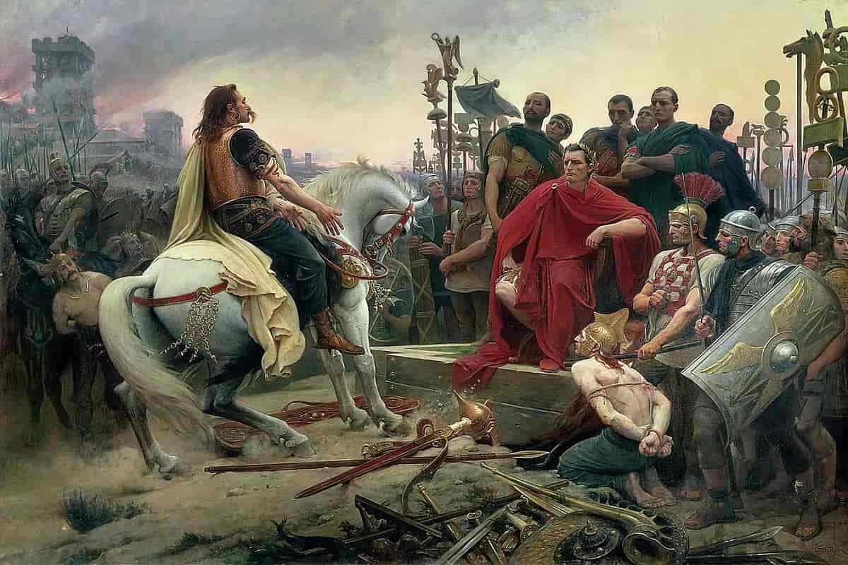 The Gallic chieftain Vercingetorix surrenders to Julius Caesar in 52 BC. Vercingetorix throws down his arms to Julius Caesar.