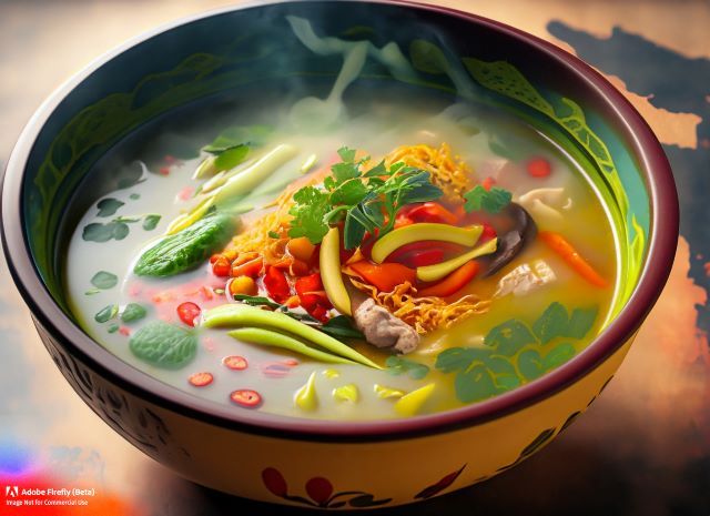 A colorful, steaming bowl of Milpa soup, showcasing the harmony of fresh vegetables and fragrant herbs.