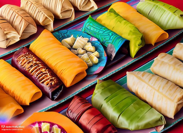 Tamales in all their colorful variety, represent the wide range of Mexican cuisine.