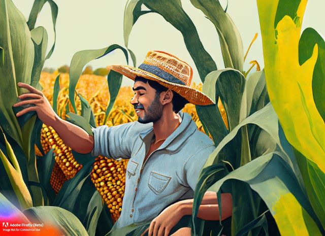 A corn farmer tenderly caresses a corn plant in the field.