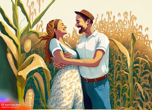 A couple shares a joyful moment in the summer cornfield, celebrating life, love, and the deep connection.
