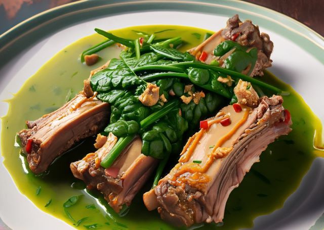 A delicious plate of purslane with pork ribs in green sauce, with the golden pork ribs and bright green purslane.