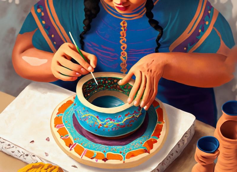A skilled artisan meticulously shapes and paints a vibrant piece of traditional Mexican pottery.