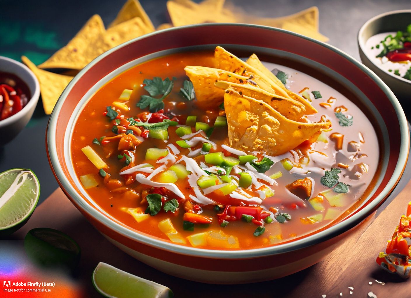 A steaming bowl of traditional Mexican Tortilla Soup, brimming with crispy tortilla strips and a medley of vibrant garnishes.