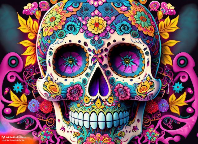 A sugar skull adorned with intricate patterns and vivid colors.