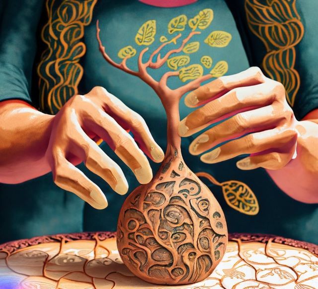 Artisan skillfully shapes clay into an intricate Tree of Life.