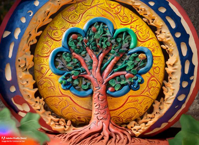 A close-up of a colorful tree of life sculpture, a traditional clay sculpture that represents the tree of life.