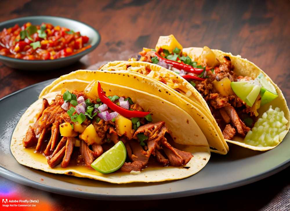 A delicious and spicy plate of tacos al pastor, featuring marinated pork, pineapple, and chili peppers.