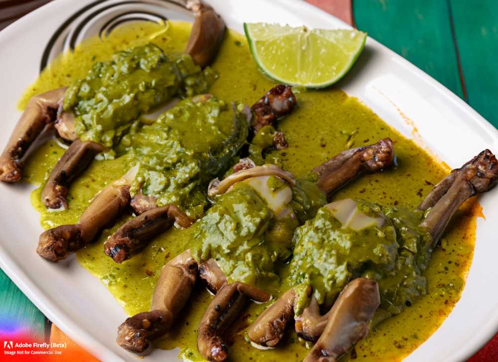 A delicious plate of frog legs in traditional Mexican green sauce, a popular delicacy in the Toluca Valley.