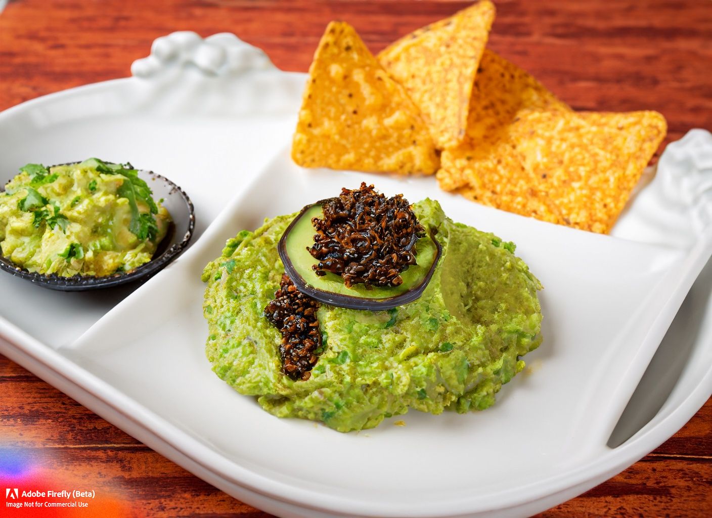 A dish of escamoles, or Mexican ant caviar, served with a side of guacamole and tortilla chips.